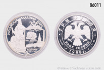 Russland, 3 Rubel 1999, Akademie der Wissenschaften, 900er Silber, 39 mm, 34,5 g (Feingewicht 31,1 g), KM 644, PP, in Kapsel