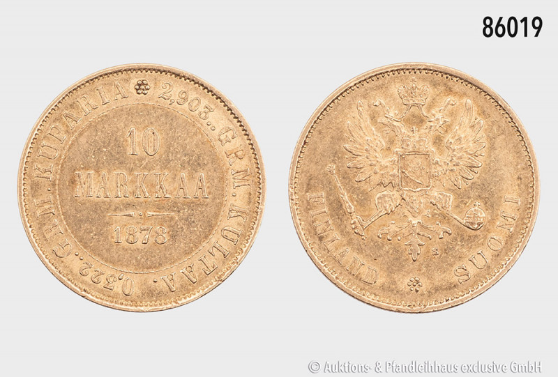 Finnland, 10 Markkaa 1878, unter Alexander II. von Russland, 900er Gold, 3,21 g,...