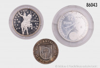Konv. Verschiedenes, dabei Silbermünzen, u. a. Spanien 12 Euro 2002, Cook Islands 10 Dollar 1990, Portugal 5 Euro 2004, teilweise verkapselt, auf Foto...