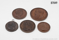 Konv. 5 Medaillen, dabei Frankreich, Medaille o. J., von Petit, mit Porträts des Königspaars Louis Philippe I. und Marie Amélie, Bronzemedaille 1821, ...