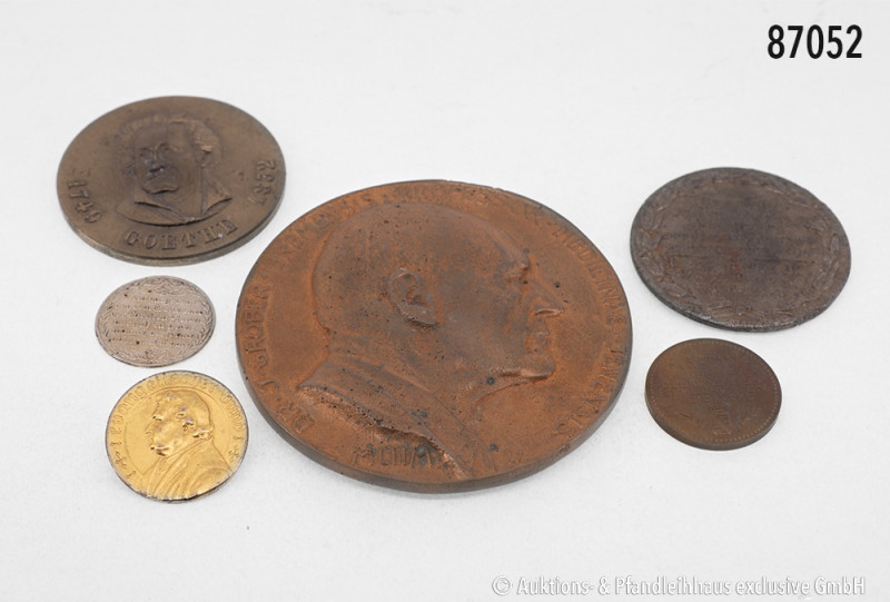 Konv. 6 Medaillen, dabei einseitige Medaille auf Goethe, tragbare Medaille des E...