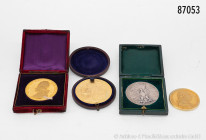 Konv. 4 Medaillen, dabei Medaille mit Porträt Papst Leos XIII., vergoldet, in original Etui, Frankreich, landwirtschaftliche Preismedaille o. J., verg...