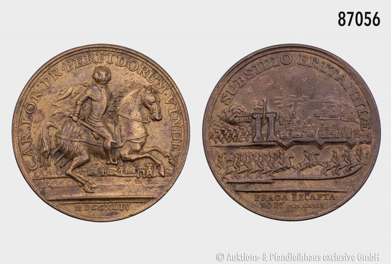 RDR, Bronzegussmedaille 1744, unsigniert, von Kirk, auf die Rückeroberung Prags ...