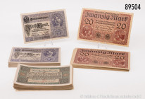 Konv. Banknoten: Darlehenskassenschein, 5 Mark 1917, ca. 90 Stück, Reichsbanknote 10 Mark 1920, ca. 85 Stück, Darlehenskassenschein 20 Mark 1918, ca. ...