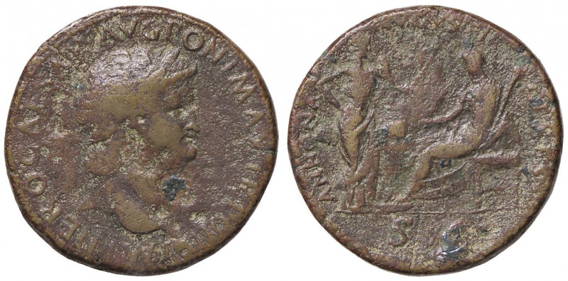 ROMANE IMPERIALI - Nerone (54-68) - Sesterzio - Testa laureata a d., sotto, un g...