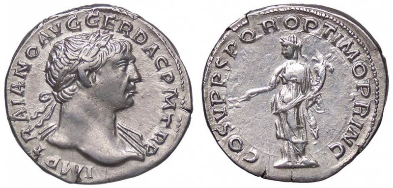 ROMANE IMPERIALI - Traiano (98-117) - Denario - Busto laureato a d. /R La Pace s...