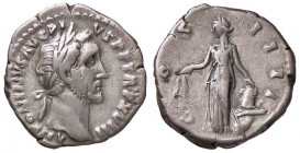 ROMANE IMPERIALI - Antonino Pio (138-161) - Denario - Testa laureata a d. /R L'Abbondanza stante a s. con delle spighe ed un modio su prua C. 983; RIC...
