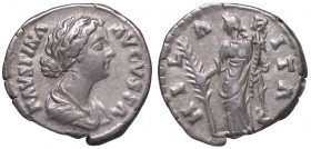 ROMANE IMPERIALI - Faustina II (moglie di M. Aurelio) - Denario - Busto drappeggiato e diademato a d. /R L'Ilarità stante a s. con palma e cornucopia ...