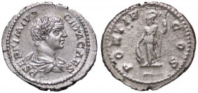 ROMANE IMPERIALI - Geta (209-212) - Denario - Busto drappeggiato a d. /R Pallade stante a s. appoggiato a uno scudo e con lancia C. 104; RIC 34a (AG g...