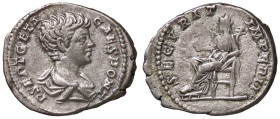 ROMANE IMPERIALI - Geta (209-212) - Denario - Busto giovanile drappeggiato a d. /R La Sicurezza seduta a s. con globo C. 183; RIC 20a (AG g. 3,25)
 ...