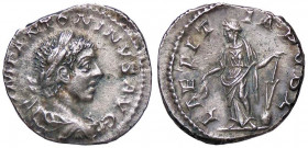 ROMANE IMPERIALI - Elagabalo (218-222) - Denario - Busto laureato e drappeggiato a d. /R La Letizia stante a s. con corona e timone su globo C. 70; RI...