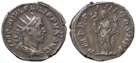 ROMANE IMPERIALI - Filippo I (244-249) - Antoniniano - Busto radiato e drappeggiato a d. /R La Pace stante a s. con caduceo e cornucopia (AG g. 4,13)...
