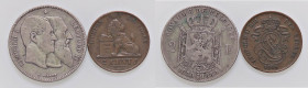 ESTERE - BELGIO - Leopoldo II (1865-1909) - 2 Franchi 1880 Kr. 39 R AG 50° Anniversario dell' Indipendenza Assieme a 2 centimes 1869 - Lotto di 2 mone...