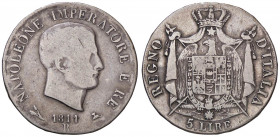 ZECCHE ITALIANE - BOLOGNA - Napoleone I, Re d'Italia (1805-1814) - 5 Lire 1811 Pag. 50; Mont. 80 R AG Contorno in rilievo
 Contorno in rilievo - 
MB