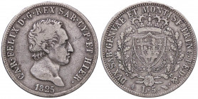 SAVOIA - Carlo Felice (1821-1831) - 5 Lire 1825 T Pag. 69; Mont. 59 AG Colpetto
 Colpetto
meglio di MB