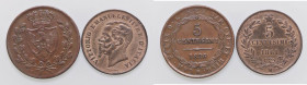 SAVOIA - Vittorio Emanuele II Re eletto (1859-1861) - 5 Centesimi 1860 (1826) B Pag. 448; Mont. 133 R CU Assieme a 5 centesimi 1861 M - Lotto di 2 mon...