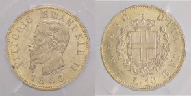SAVOIA - Vittorio Emanuele II Re d'Italia (1861-1878) - 10 Lire 1863 T (19,0) Pag. 477a; Mont. 156 AU Sigillata PCGS MS63
 Sigillata PCGS MS63
FDC