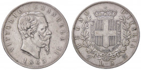 SAVOIA - Vittorio Emanuele II Re d'Italia (1861-1878) - 5 Lire 1865 T Pag. 487; Mont. 167 R AG
 
BB