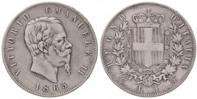 SAVOIA - Vittorio Emanuele II Re d'Italia (1861-1878) - 5 Lire 1865 T Pag. 487; Mont. 167 R AG
 
meglio di MB