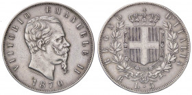 SAVOIA - Vittorio Emanuele II Re d'Italia (1861-1878) - 5 Lire 1870 R Pag. 491; Mont. 173 R AG
 
BB+