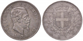 SAVOIA - Vittorio Emanuele II Re d'Italia (1861-1878) - 5 Lire 1874 M Pag. 498; Mont. 182 AG Colpetto - Patinata
 Colpetto - Patinata
qSPL