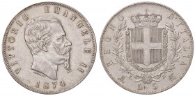 SAVOIA - Vittorio Emanuele II Re d'Italia (1861-1878) - 5 Lire 1874 M Pag. 498; Mont. 182 AG
 
BB+/qSPL
