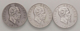 SAVOIA - Vittorio Emanuele II Re d'Italia (1861-1878) - 5 Lire 1875-1876-1878 AG Lotto di 3 monete
 Lotto di 3 monete
MB÷qBB