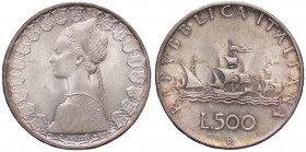 REPUBBLICA ITALIANA - Repubblica Italiana (monetazione in lire) (1946-2001) - 500 Lire 1958 - Caravelle Mont. 2 AG Patina iridescente
 Patina iridesc...