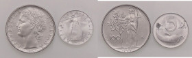REPUBBLICA ITALIANA - Repubblica Italiana (monetazione in lire) (1946-2001) - 100 Lire 1965 Mont. 15 AC Segno sul collo, assieme a 5 lire 1969 1 roves...