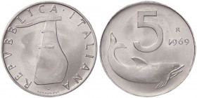 REPUBBLICA ITALIANA - Repubblica Italiana (monetazione in lire) (1946-2001) - 5 Lire 1969 Mont. 12 NC IT 1 della data rovesciato
 1 della data rovesc...
