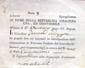 CARTAMONETA - Repubblica Cisalpina (1800-1802) - 6 Lire 8 ventoso Anno VI R
 
BB+