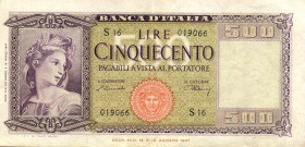 CARTAMONETA - BANCA d'ITALIA - Repubblica Italiana (monetazione in lire) (1946-2001) - 500 Lire - Italia 20/03/1947 Alfa 544; Lireuro 39A Einaudi/Urbi...