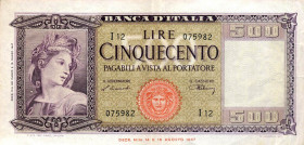 CARTAMONETA - BANCA d'ITALIA - Repubblica Italiana (monetazione in lire) (1946-2001) - 500 Lire - Italia 20/03/1947 Alfa 544; Lireuro 39A Einaudi/Urbi...