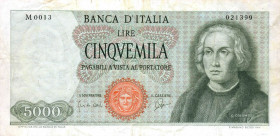 CARTAMONETA - BANCA d'ITALIA - Repubblica Italiana (monetazione in lire) (1946-2001) - 5.000 Lire - Colombo 1° tipo 03/09/1964 Alfa 795; Lireuro 66A C...
