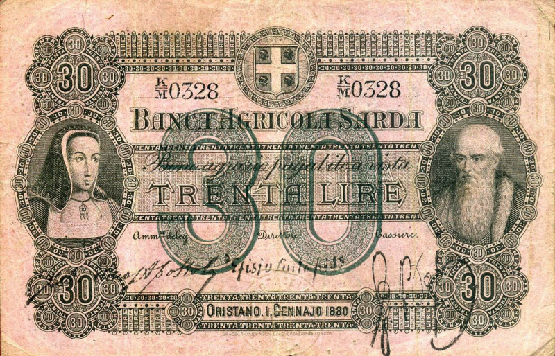 CARTAMONETA - BUONI AGRARI - Banca Agricola Sarda - 30 Lire 01/01/1880 Gav. 26 F...