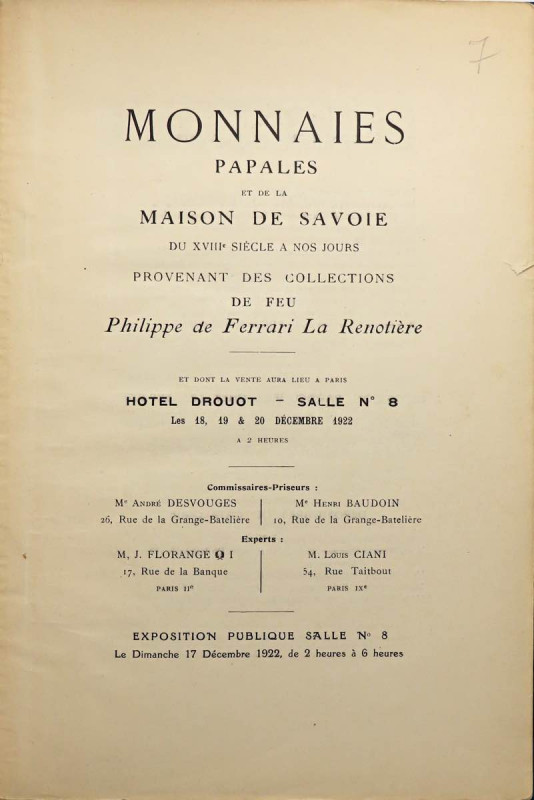 BIBLIOGRAFIA NUMISMATICA - CATALOGHI D'ASTA Florange et Ciani - Monnaies papales...
