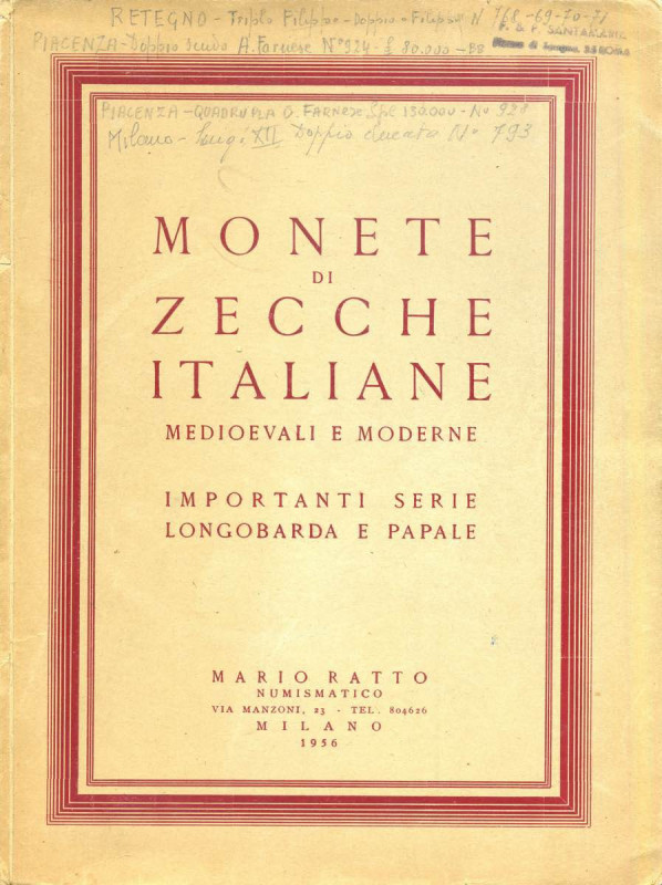BIBLIOGRAFIA NUMISMATICA - CATALOGHI D'ASTA Ratto M. - Milano 20-21/01/1956 Mone...