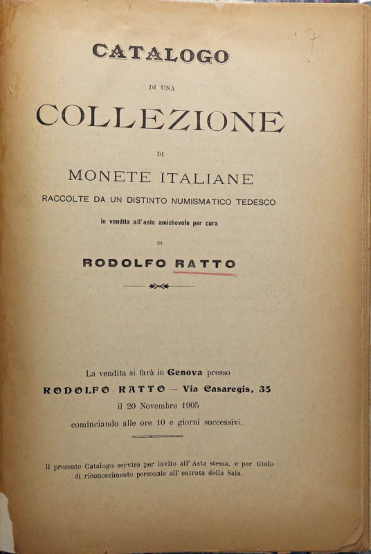 BIBLIOGRAFIA NUMISMATICA - CATALOGHI D'ASTA Ratto R. - Monete italiane, raccolta...