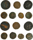 HISPANIA ANTIGUA. Lote de 7 monedas: 1 dupondio, 5 ases o unidades y 1 semis. Asido, Malaka (3), Obulco, Colonia Romula y Urso. De RC a BC+.
