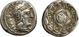 REPÚBLICA ROMANA. CAECILIA. Denario. Roma (127 a.C.). A/ ROMA externa. R/ Escudo macedonio; M METELLVS Q F. AR 4,86 g. 16,7 mm. CRAW-263.1b. FFC-206. ...