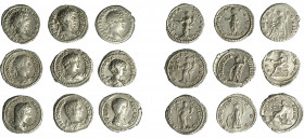 IMPERIO ROMANO. Lote de 9 denarios imperiales: Adriano, Julia Domna, Caracalla (3), Geta (2) y Septimio Severo (2). MBC-/MBC.