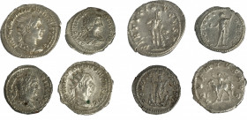 IMPERIO ROMANO. Lote de 4 piezas: 2 denarios de Caracalla (R/ RECTORI ORBIS y PONTIF TR P X COS II) y 2 antoninianos (Gordiano III y Trajano Decio. R/...