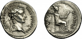 IMPERIO ROMANO. TIBERIO. Denario. Lugdunum (36-37 d.C.). A/ Busto laureado a der. R/ Livia sentada a der. en silla lisa y sobre dos líneas; PONTIF MAX...