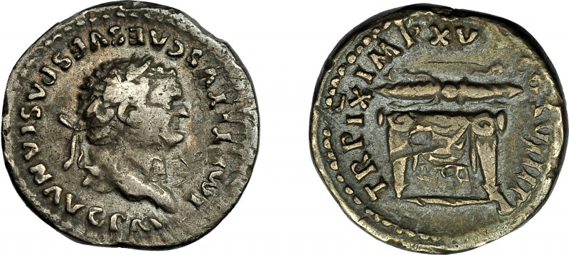 IMPERIO ROMANO. TITO. Denario. Roma (80 d.C.). R/ Trono drapeado con haz de rayo...