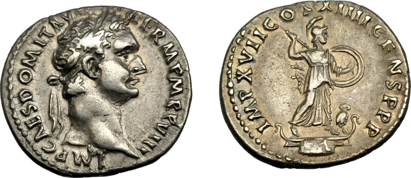 IMPERIO ROMANO. DOMICIANO. Denario. Roma (88-89 d.C.). A/ Cabeza laureada a der....