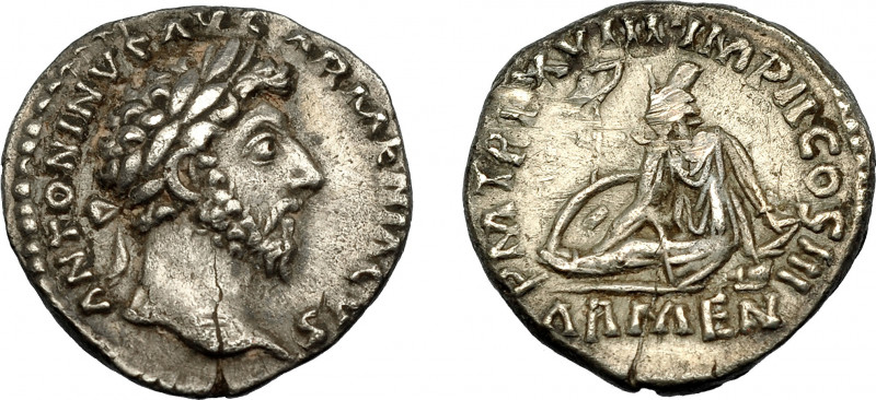 IMPERIO ROMANO. MARCO AURELIO. Denario. Roma (166-167). R/ Armenia sentada en el...