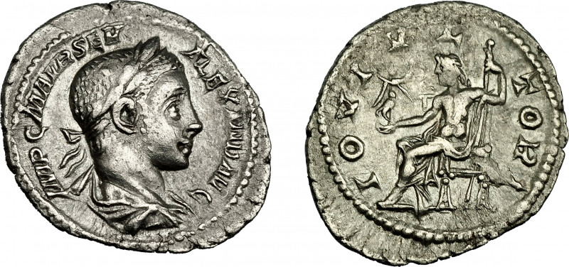 IMPERIO ROMANO. ALEJANDRO SEVERO. Denario. Roma (225). R/ Júpiter sentado a izq....