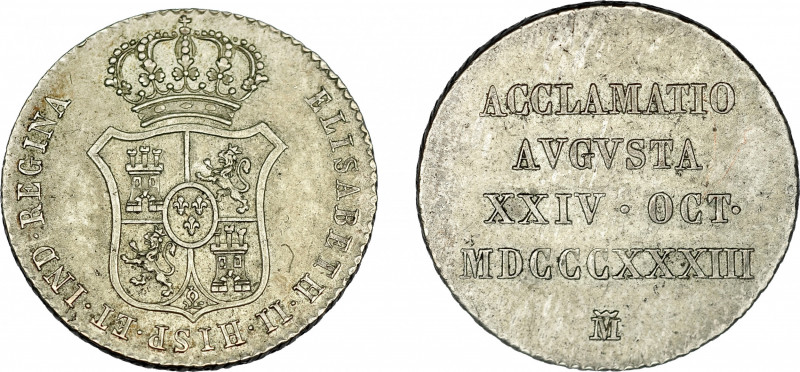 ISABEL II. Medalla de proclamación. Madrid. 1833. AR 25 mm. H-21. MBC+.