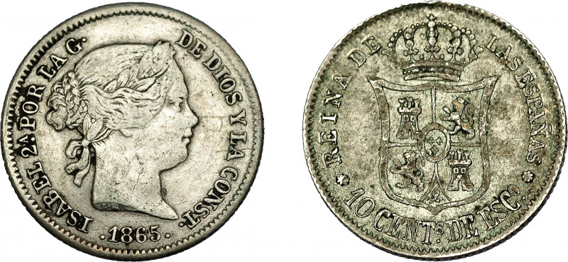 ISABEL II. 10 céntimos de escudo. 1865. Sevilla. VI-297. MBC-.