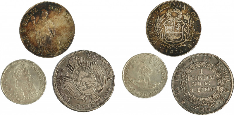 MONEDAS EXTRANJERAS. Lote de 3 piezas: Bolivia (1 boliviano de 1864 y 2 soles de...